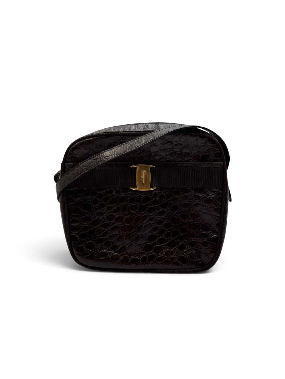 Salvatore Ferragamo Vara Croc-Embossed Leather Crossbody Bag in Dark Brown